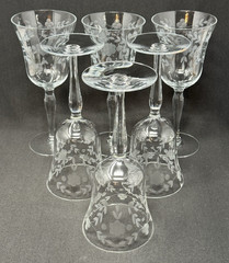 6 Vintage Etched Floral Water / Wine Goblet Glasses