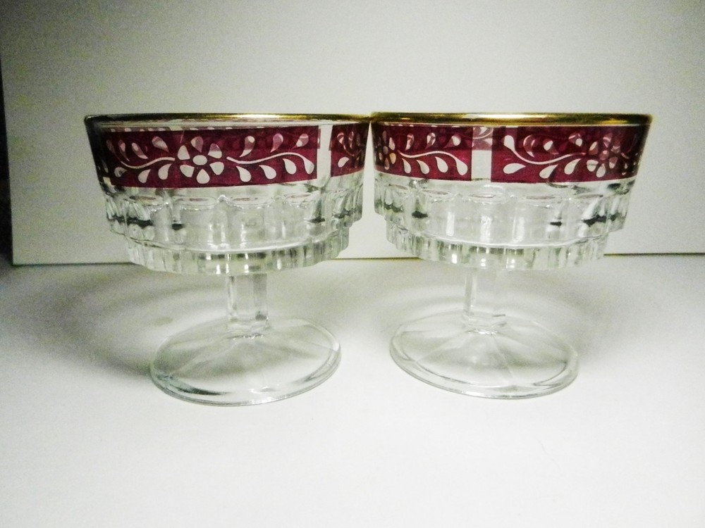 SET-4 Etched Wine or Shebet Glasses Stampi Francolini-Gold Rim-Red Flashed 1950s