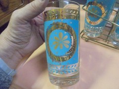 8 Vintage MCM High Ball Tumbler Glass Turquoise Blue Gold 5 5/8″ with caddy