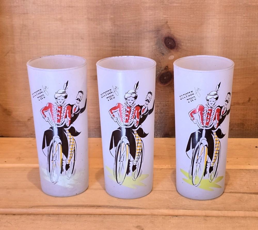 3 Frosted (Tom Collins) glasses with bicycle for 2 picture 2-3/8″W x 6-1/2″H