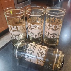 Libbey Brown Glass Beige Flowers & Band 6 Cooler Glass Tumblers 6 3/8 » 16 oz