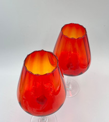 2 VTG Red / Orange Empoli Italian Glass Ribbed Optic Wine Goblet Swirl Stem MCM