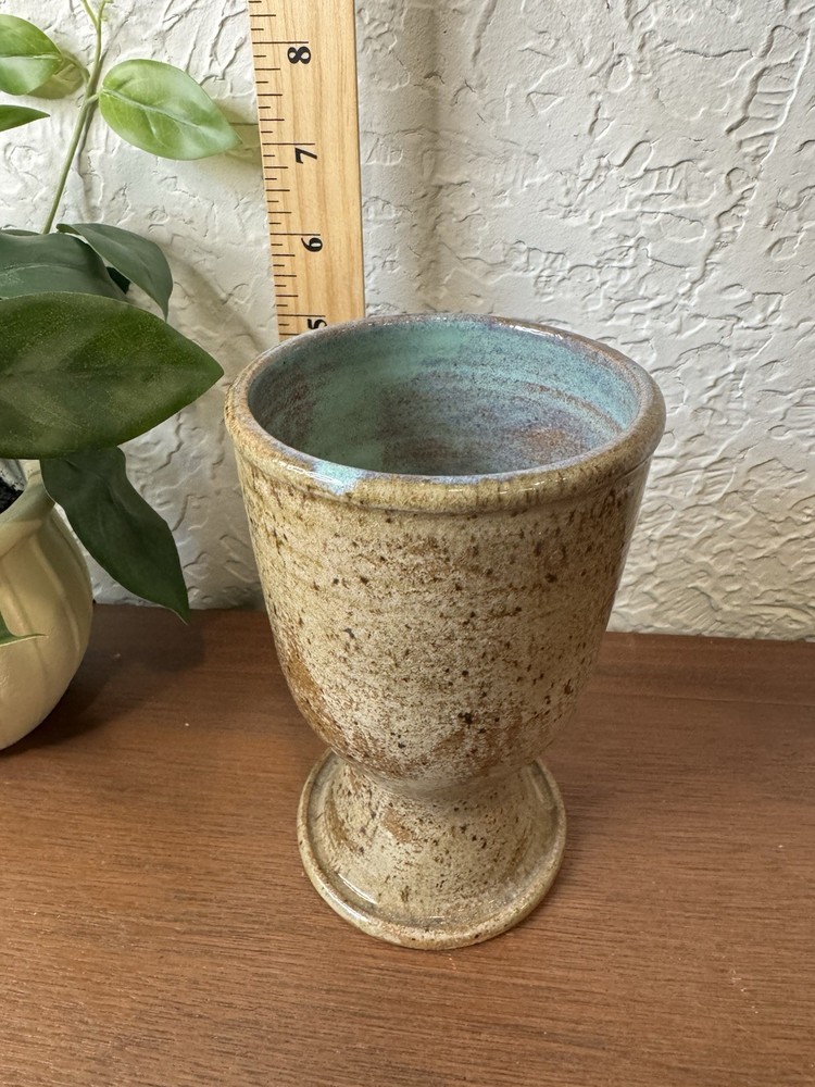 Studio Art Pottery Handmade Goblet Chalice Wine Glass 5.75″ Stoneware Blue Brown