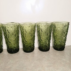 Vintage Anchor Hocking Milano Lido 5.5″ Tall Glass Cup Avocado Green Set Of 8