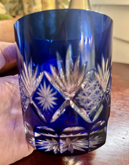 Vintage Cobalt Blue Cut to Clear Crystal Whiskey Glass Edo Kiriko Style