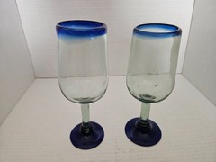 Mexican Hand Blown Trapped Bubbles White Wine Goblets Cobalt Rim (2)