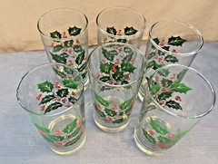 Vtg Indiana Glass Christmas Holly Berries Tumblers 5-1/2 » Set of 6
