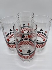 4 Vintage MCM Casino Night Glasses In Suits Spade Heart Club Diamond NEW IN BOX