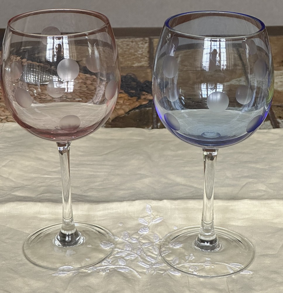 SET OF 2 WATERFORD Marquis CRYSTAL POLKA DOT PINK & BLUE BALLOON WINE GLASSES