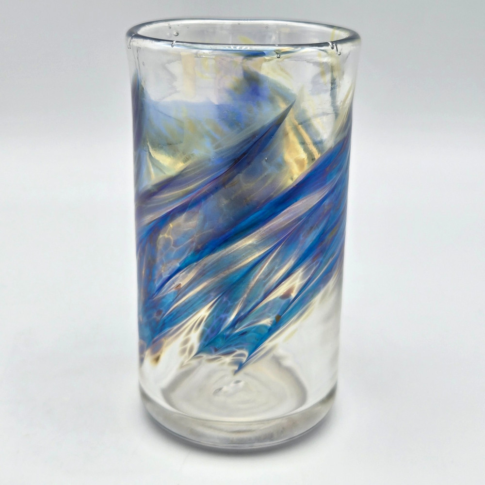 David Salazar Studio Art Glass Tumbler Iridescent Blue Pulled Feather 4″ Signed