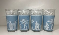 Set of 4 Vintage Jeannette Roman Greek Hellenic Blue Glasses 5″