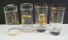 MCM CULVER Gold Encrusted Owl Tumblers – Set of 4 – 10 Ounce –1960’s- Highballs