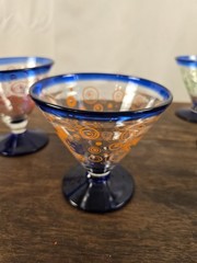 Set Of 6 Vintage Kosta Boda Martini Glasses Blue Bases Red Circle Swirls 12oz