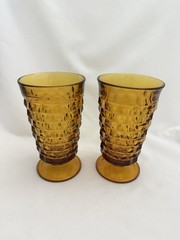 2 Vintage Indiana Whitehall Cubist Amber Glass Footed Drinking Glass