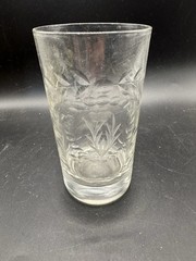 Vintage Wheel Cut Glass Tumbler Basket of Flowers Floral Swag Iced Tea Glass