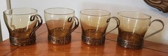 Set Of 4 Libbey Amber Color Greek Key Cups Metal Holders MCM Coffee Tea Beverage