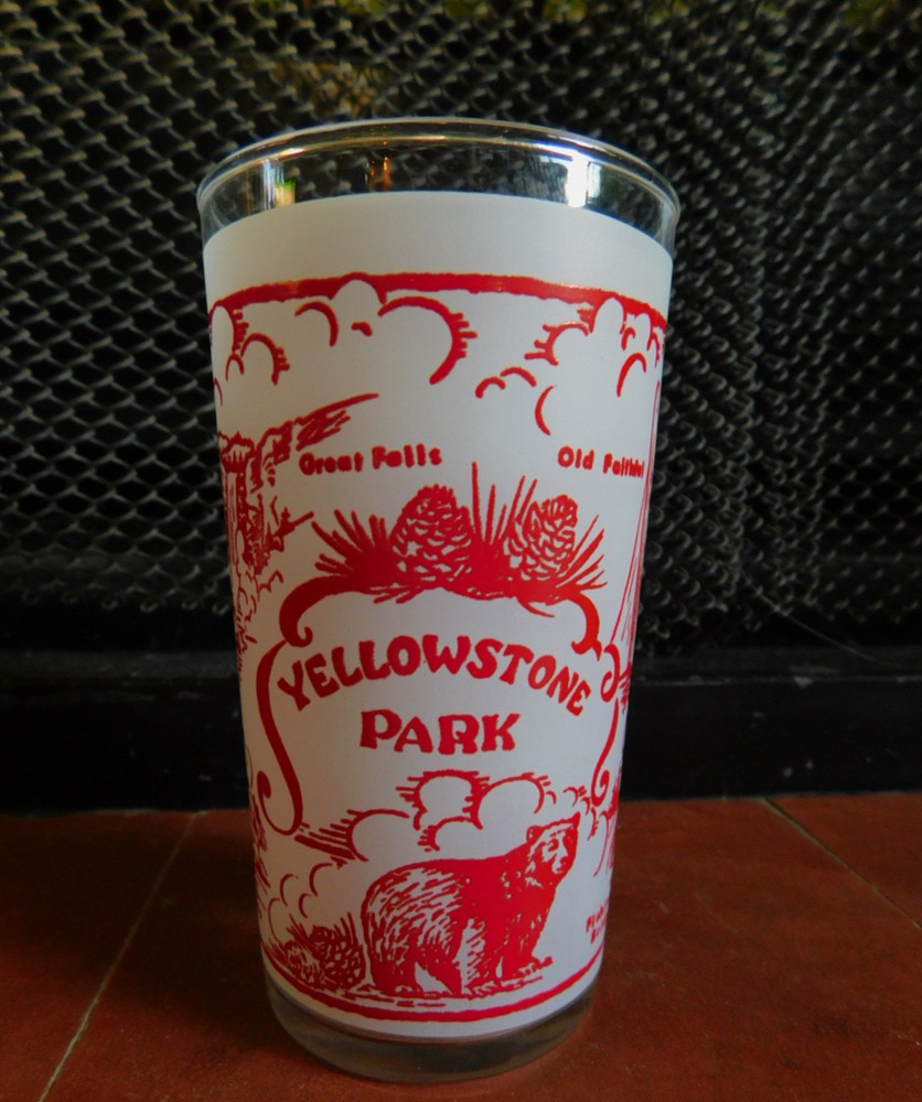 Vintage Federal Glass Frosted Souvenir Glass Tumbler Yellowstone Park-4.75”