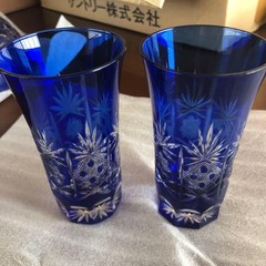 Edo Kiriko Cut Glass Serving Plate and Glass Set Cobalt Blue Japan