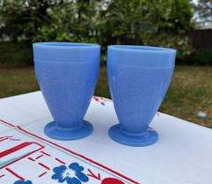 Delphite Blue Cherry Blossom Jeannette Footed 4.5″ tall Tumblers SET OF 2