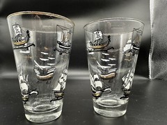 set of 2 MCM sailing ships with gold detail barware tumbler glasses