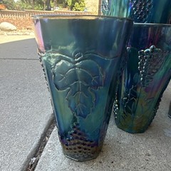 Iridescent Blue & Purple Carnival Glass Grapevine Pitcher w/ 5 Tumblers