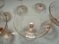 Vintage Glass Optic Etched Flowers Stem set 6-Goblets champagne Pink 5 Oz.1930