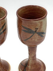 2 Handcrafted Studio Art Pottery DRAGONFLY Goblets 4 0z