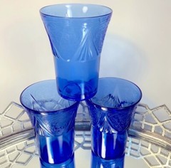 Royal Lace Blue Tumbler Hazel Atlas 4 1/4 in Tall Depression Glass Set Lot 3 #01