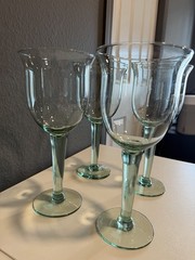 Set of 4 Vintage Green Stem Wine Glasses Hand Blown Rustic Goblets Corsica Glass