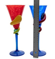 Pair of Tall Stem Mexican Fire-Blown Glasses Vibrant Colors Swirls 10.25in USED