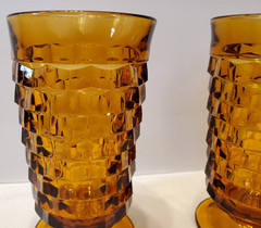Vintage Retro Pair Amber Indiana Glass Tumbler Drinking Glasses…Cubist Design