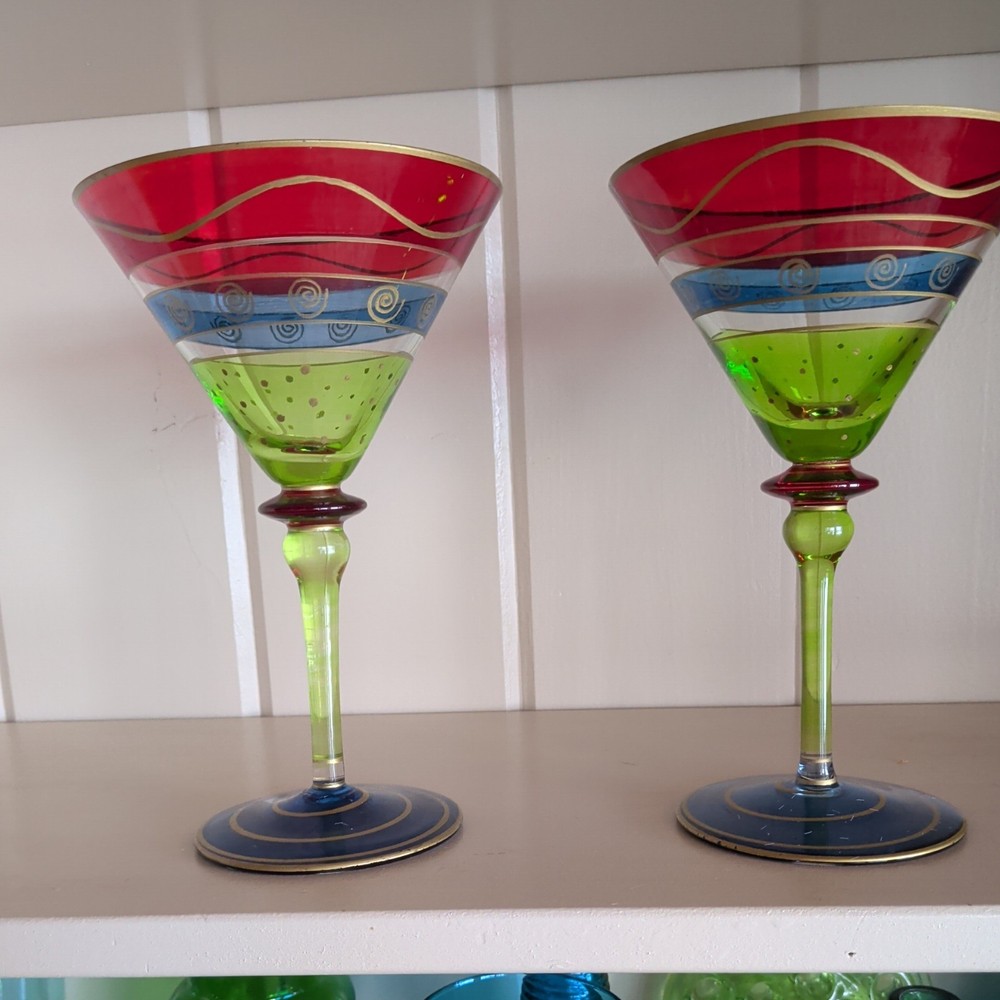 2 Festive Martini Glasses Mouth Blown Colorful Red, Blue, and Green, Gold Trim