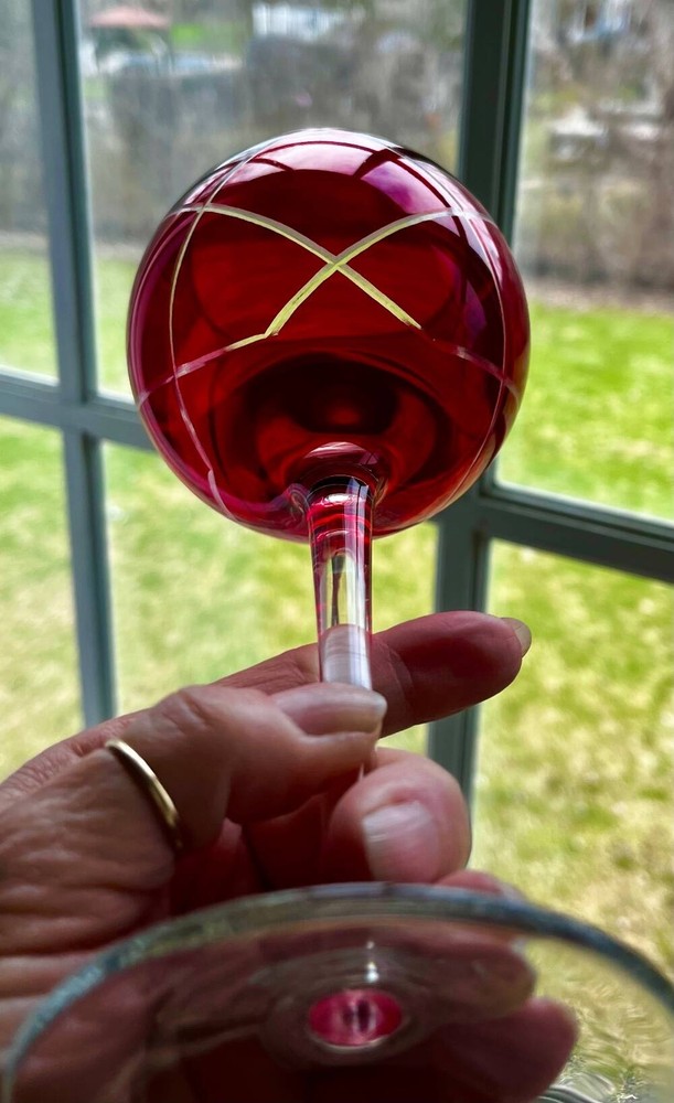 (1) PIER 1~RED~RUBY~9″ DIAMOND ETCHED BALLOON WATER GLASS~GOBLET~GLASSWARE~EXC
