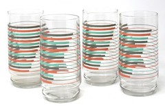 4 Vintage Pink Turquoise Gray Stripe MCM Retro 80s Glass Drinking Tumblers 16 oz