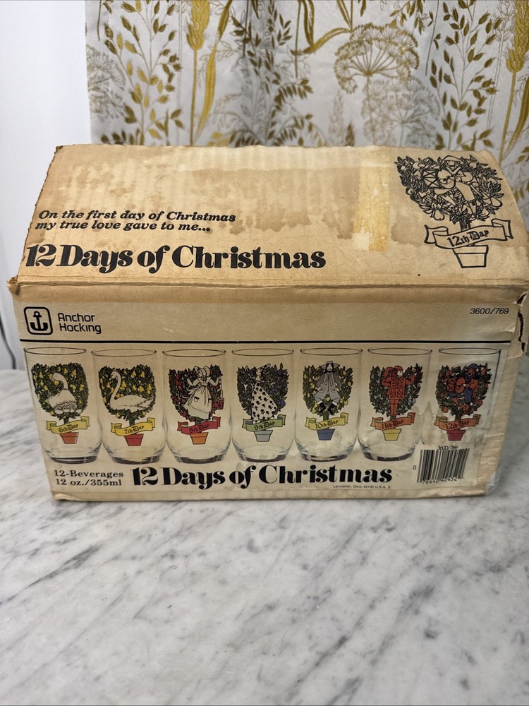 Vintage Anchor Hocking 12 Days of Christmas Glasses 12 oz Complete set in Box
