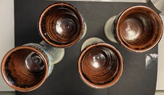 4 Studio Art Pottery Goblets Cups Chalice Artist stamped Blue Brown 8″ tall