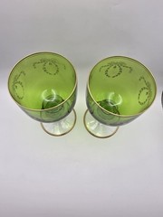 2 Green Glass Goblets Gilded Rims Gold Decoration Art Nouveau