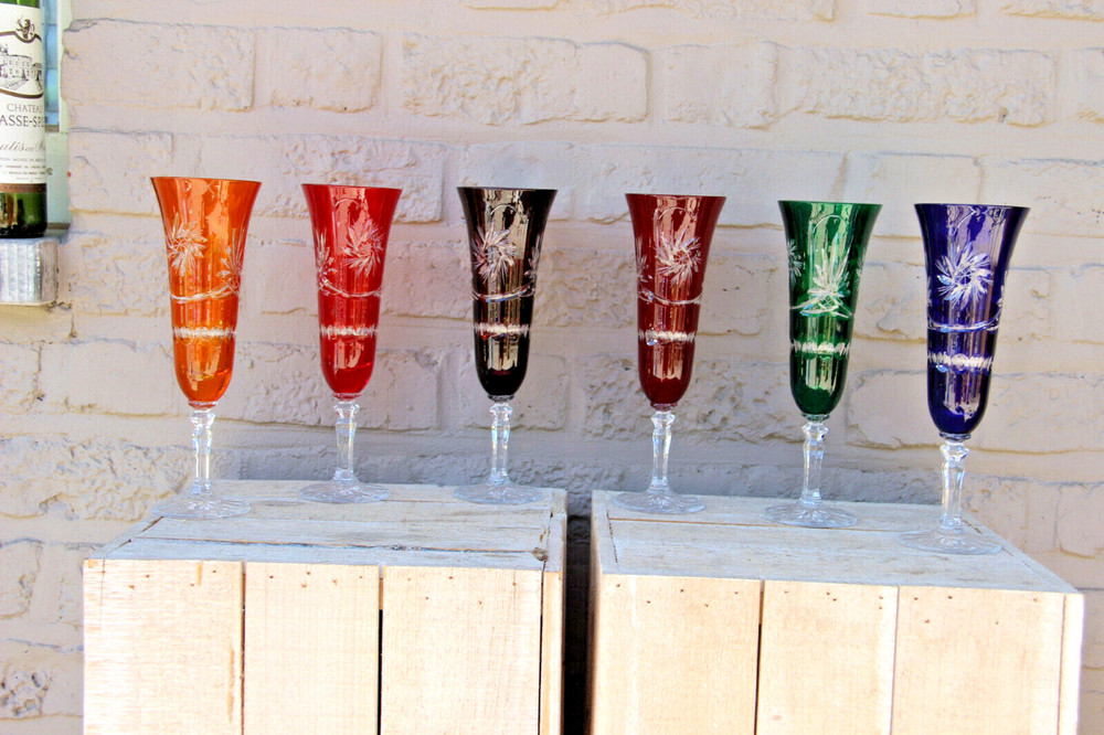 Set 6 Bohemia czech crystal glass champagne long glasses original boxed 60s