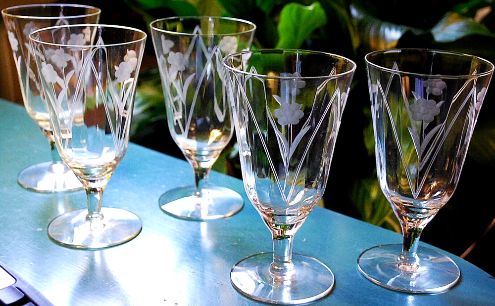 Vtg Set 5 Hand Cut Floral & Arch OPTIC DEPRESSION GLASS Iced Tea Goblets 6.25″