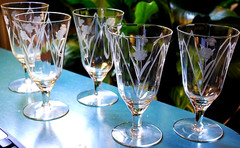 Vtg Set 5 Hand Cut Floral & Arch OPTIC DEPRESSION GLASS Iced Tea Goblets 6.25″