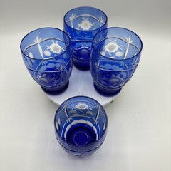 Vtg Edo Kiriko Cobal Blue Set of Four Water Tumblers Glasses. 4” tall. See pics.