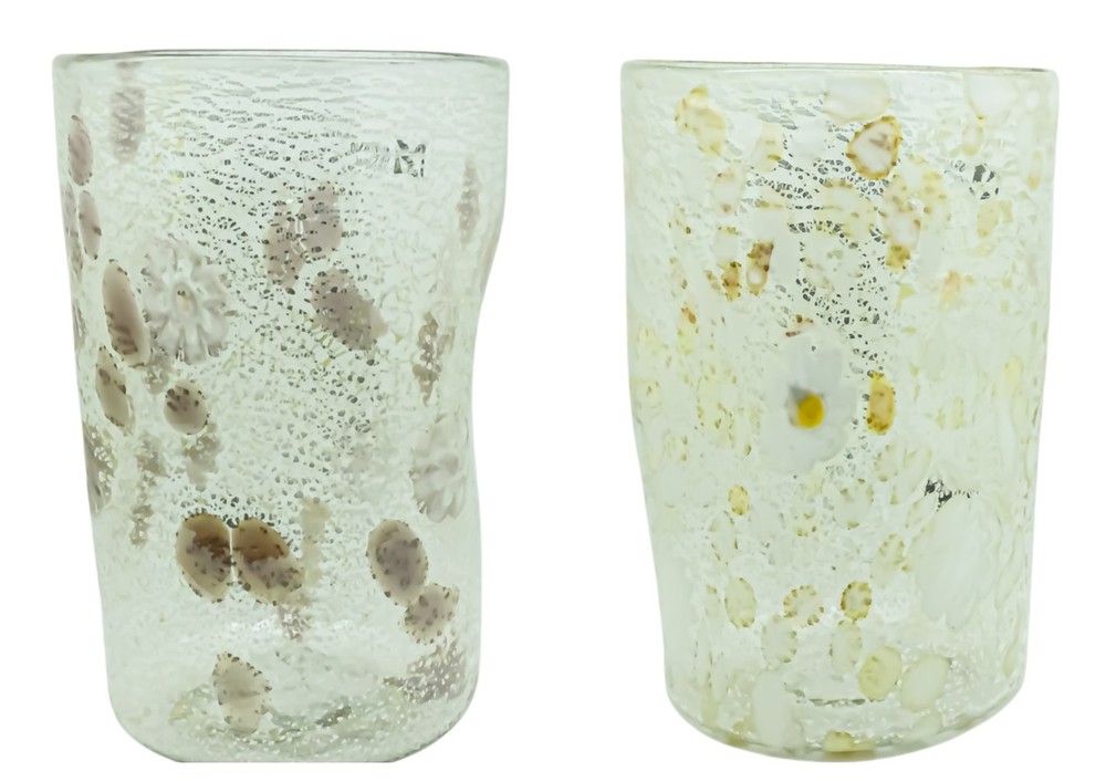 Pair of Murano Art Glass Tumblers Venezia Silver Leaf Millefiori Venice