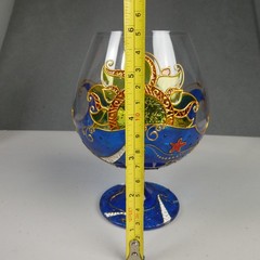 Hand Painted Nautical Sun Sea Waves Art Glass Goblet Blue Gold Stemmed Chalice
