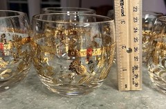 Signed Set of 7 Glass Rocks Glasses. 22K Floral Gold pattern. Clear 3 in.
