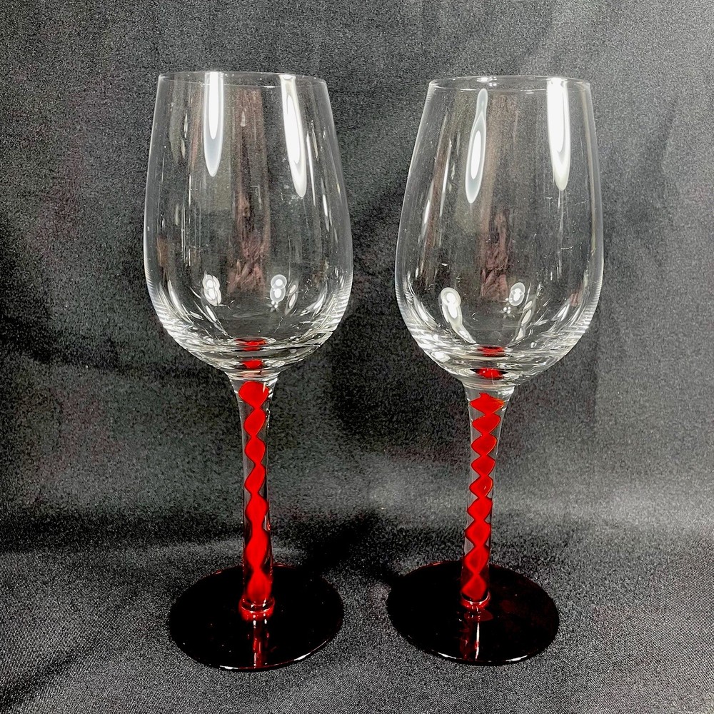 2 VTG HUTSCHENREUTHER RUBINO WINE GLASSES Goblets STEM RUBY Red TWIST ART 9 1/4”