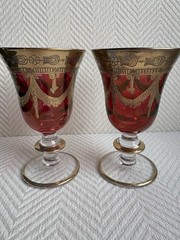 Vintage Luxury Interglass Italy Ruby Red Crystal Wine Goblet Hand Blown 24K Gold