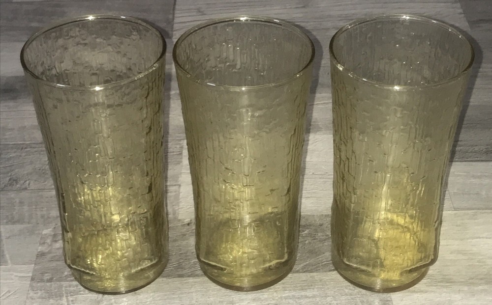 Vntg Indiana Glass Company Amber Rectangle Tumbler Glass 7” Set Of 3 W22