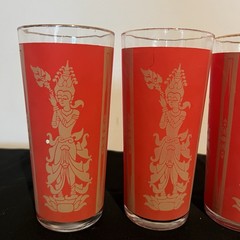 MCM Culver Red & Gold Glasses Hindu/Thai Goddess Lord Shiva 4pcs 14oz 6.5 in