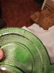 “By Cracky” Set Of 3 Crackle Uranium Glass Snack plates LE Smith 1930s