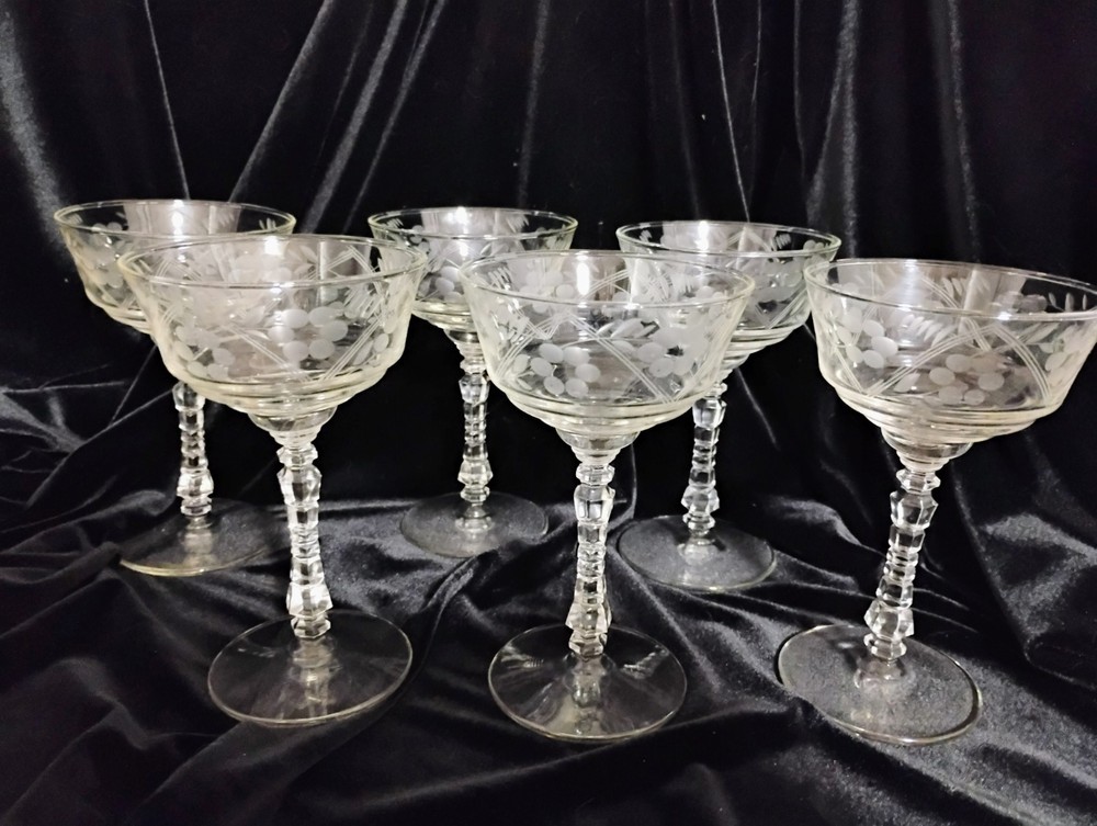 Victorian Champagne Glasses, Etched With Ribbed Stems,Set Of Six,6″Tall & 4″Diam